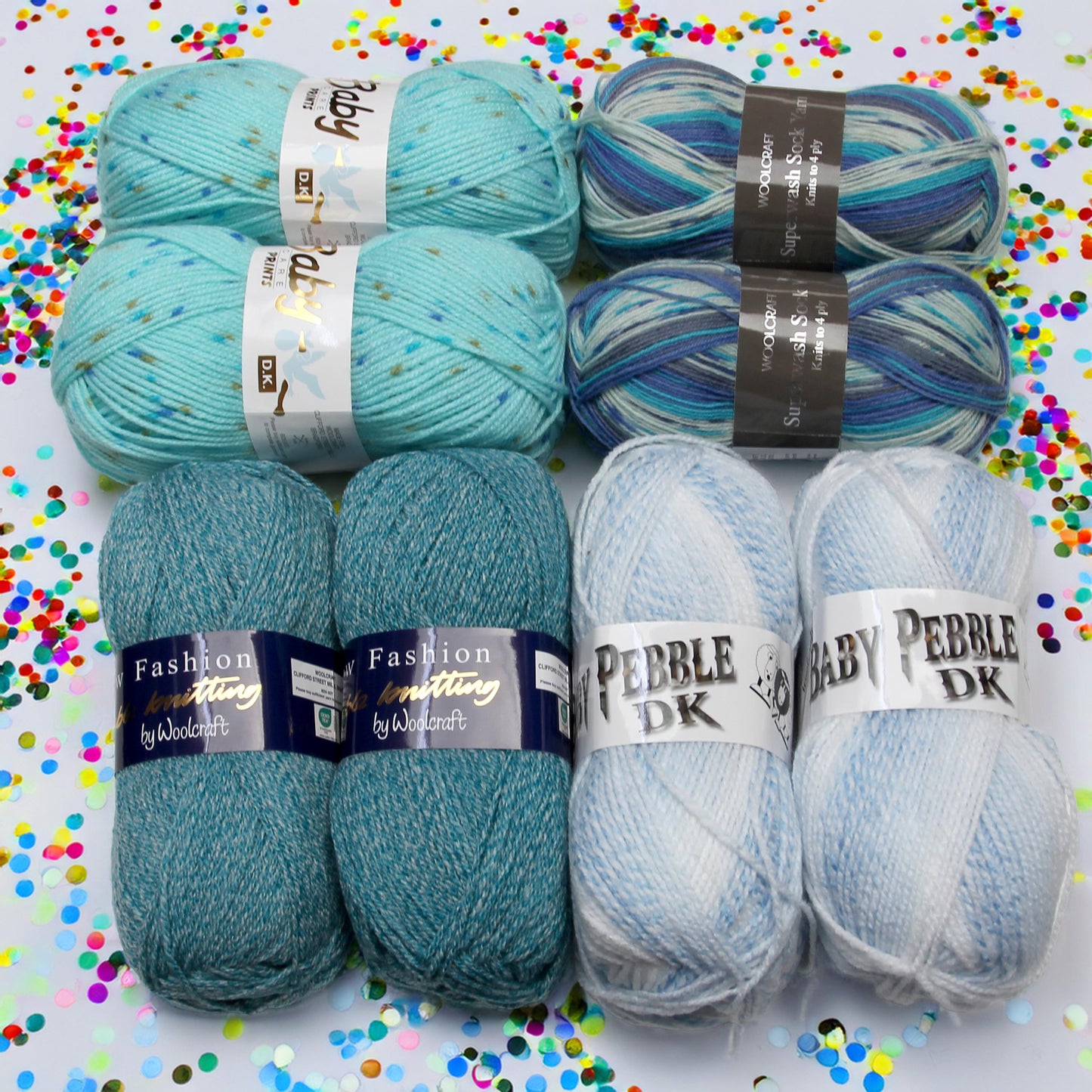 Diamante Crafts Bargain Box 2: You will receive 2 x woolcraft dk, 2 x woolcraft pebble dk, 2 x woolcraft sock yarn, 2 x woolcraft baby spot prints