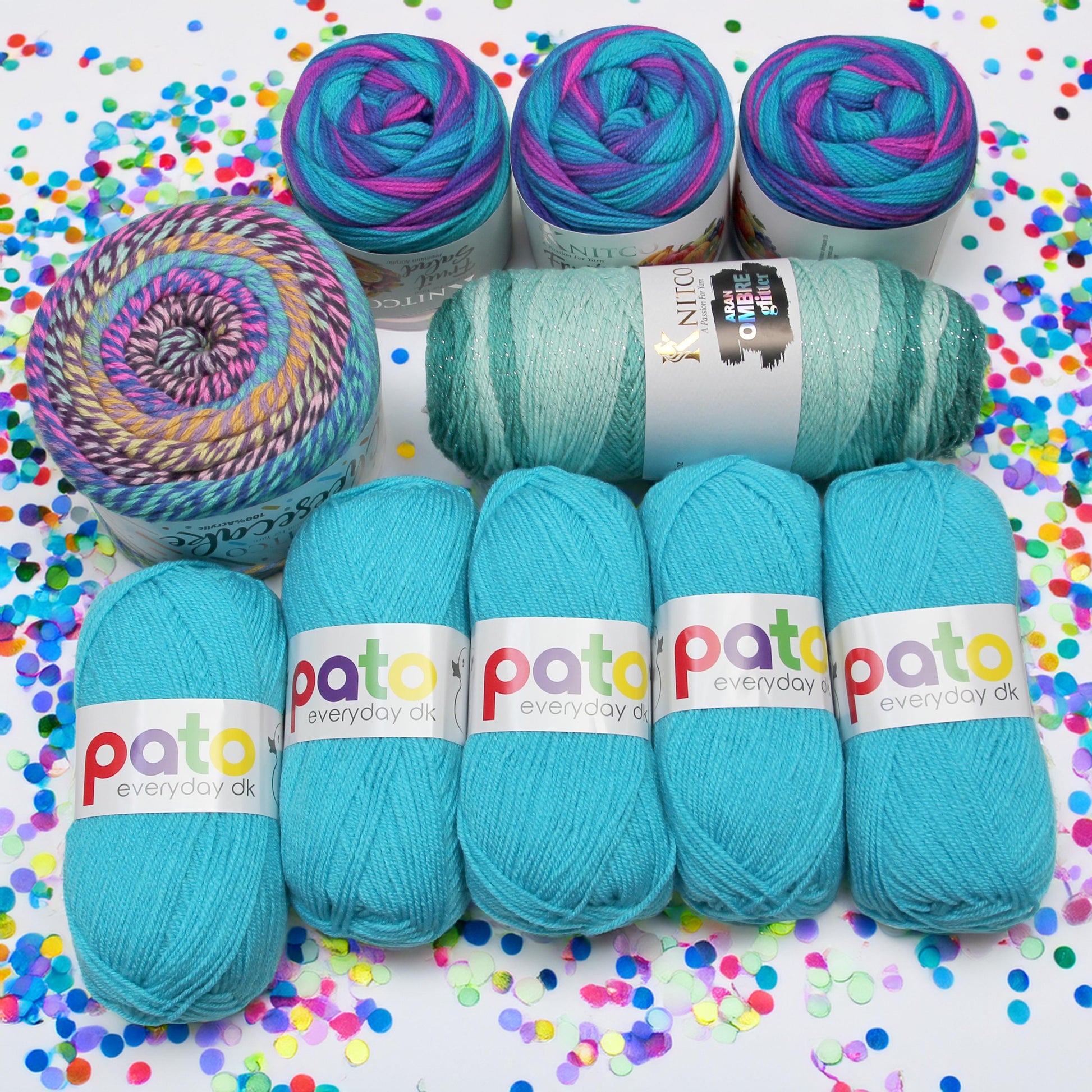 Diamante Crafts Bargain Box 1: You will receive 5 x pato dk, 1 x 200g aran glitter ombre, 1 x 250g cheesecake, 3 x fruit salad cakes
